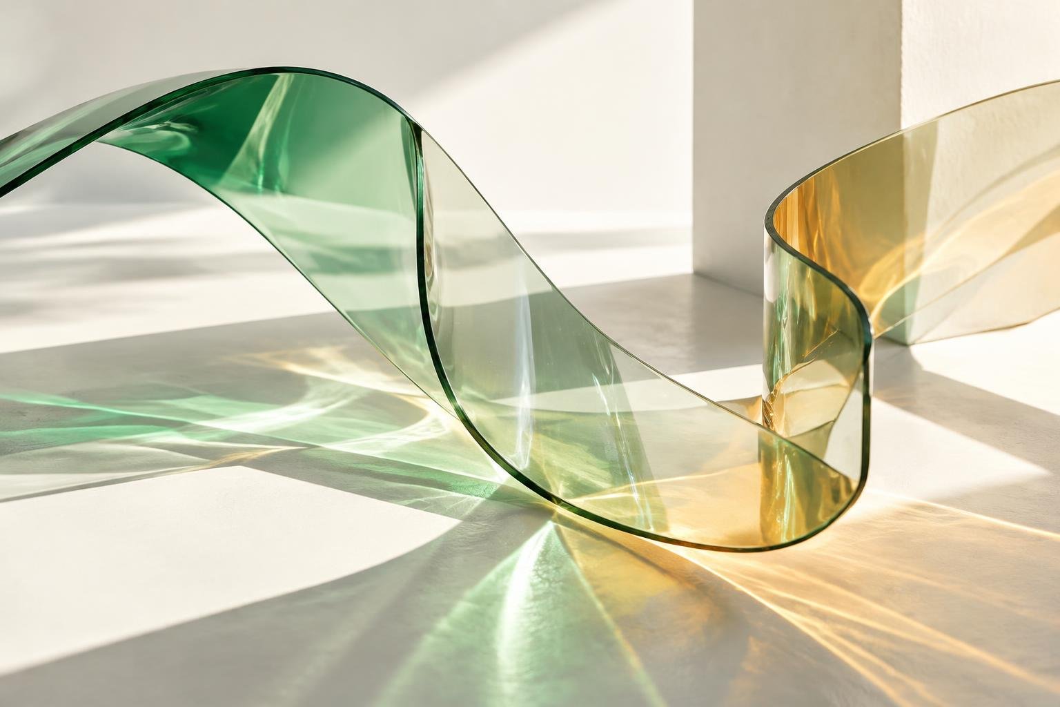 Abstract green and amber glass refracting light