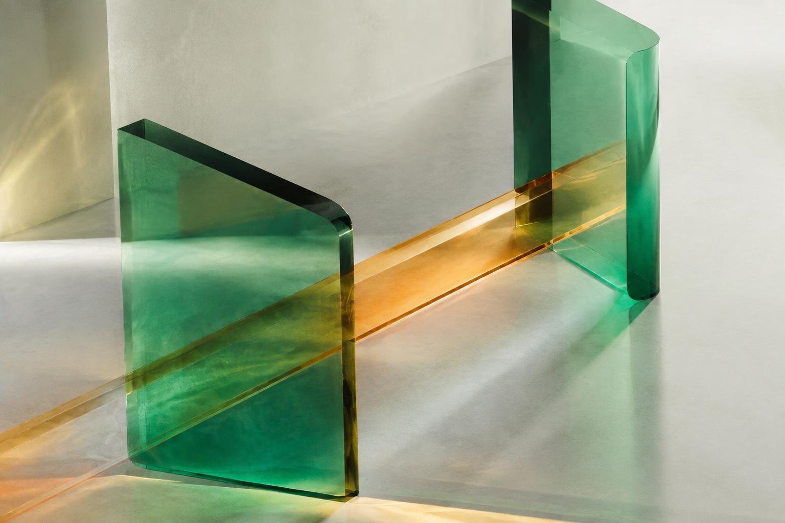 Sculptural glass installation representing a connected digital growth system