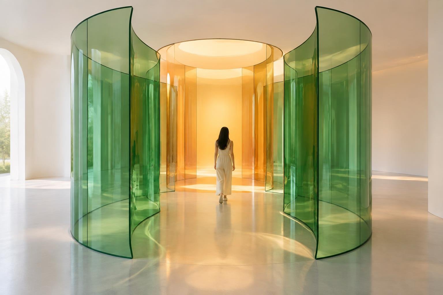 Sculptural glass installation representing a connected digital growth system