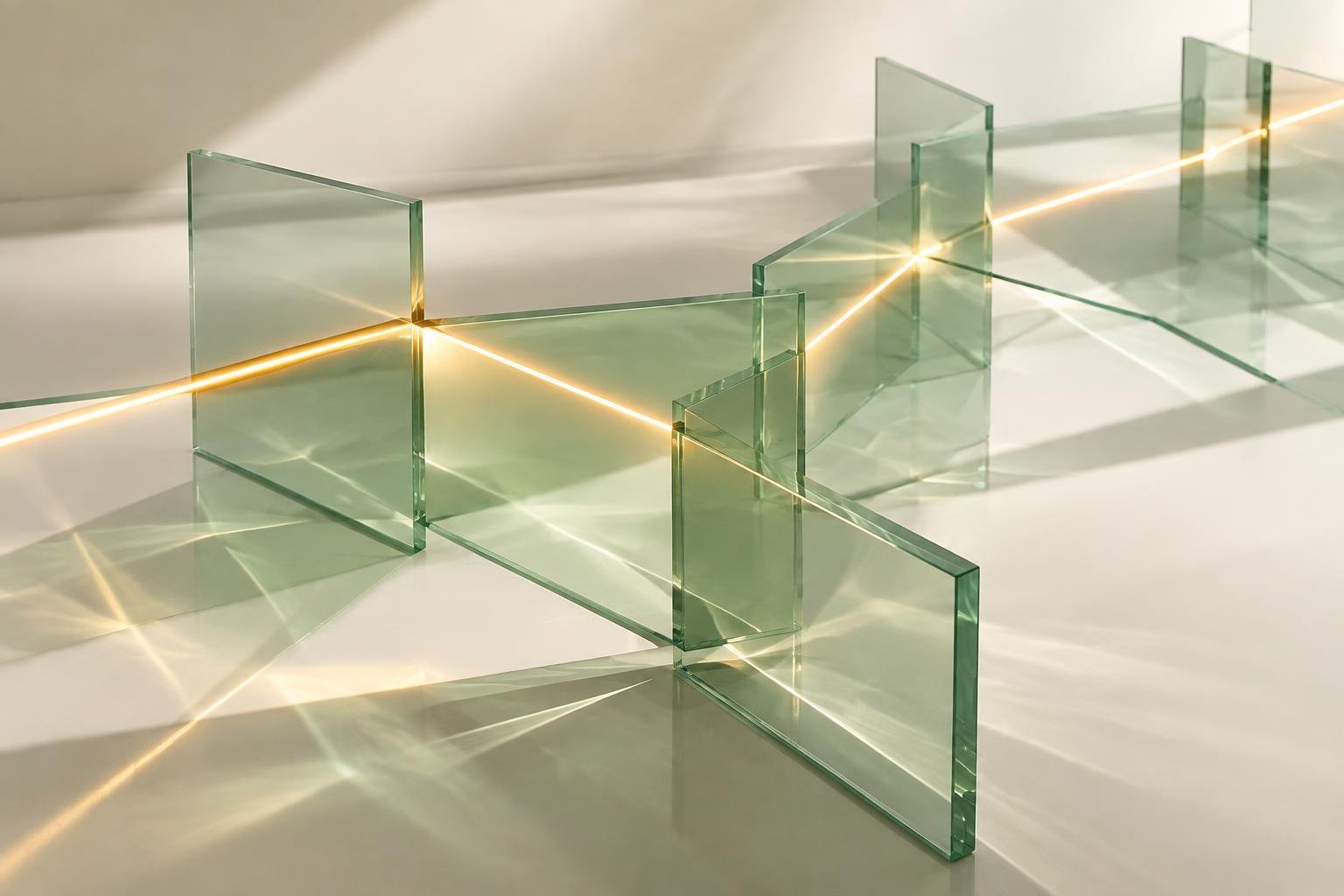 Abstract green and amber glass refracting light